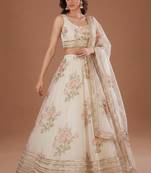 off-white floral print wedding lehenga with round neck blouse
