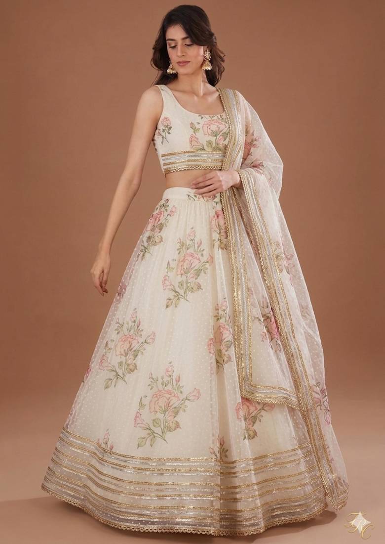 Off-White Floral Print and Subtle Zari A-Line Lehenga with Round Neck Blouse
