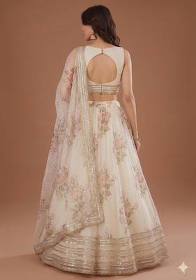 off-white floral print wedding lehenga with round neck blouse 2