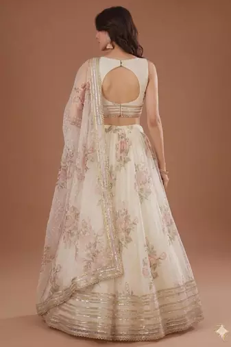 Off-White Floral Print and Subtle Zari A-Line Lehenga with Round Neck Blouse