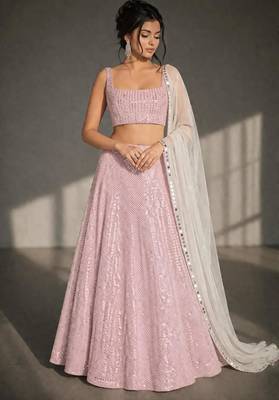 light pink sequin partywear lehenga choli with mirror work and square neck blouse 1