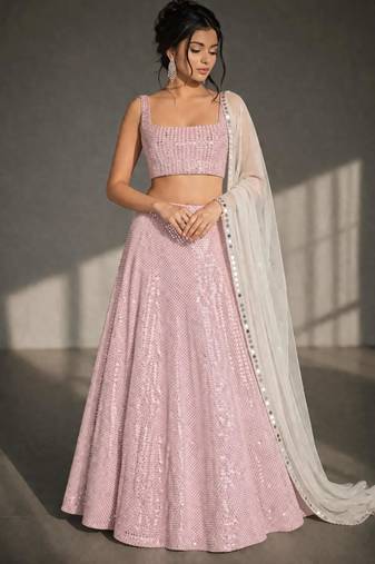 Light Pink Sequin A-Line Lehenga Choli with Mirror Work and Square Neck Blouse