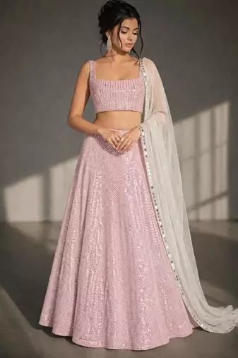 Light Pink Sequin A-Line Lehenga Choli with Mirror Work and Square Neck Blouse