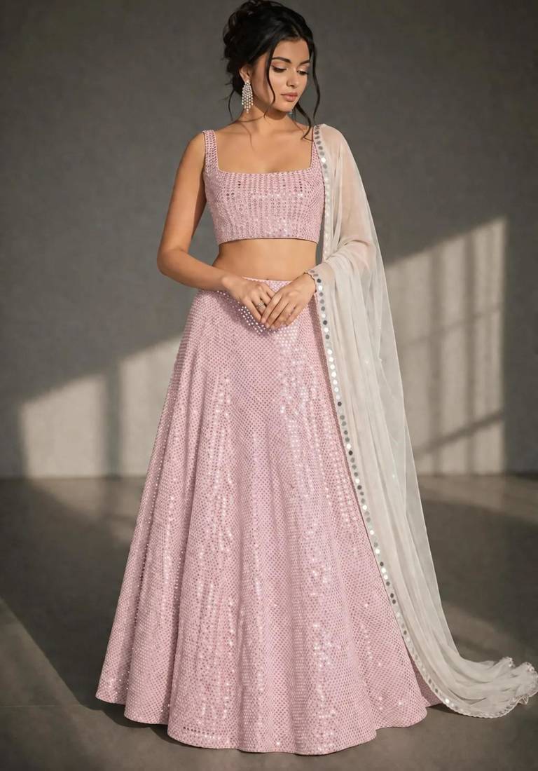 Light Pink Sequin A-Line Lehenga Choli with Mirror Work and Square Neck Blouse