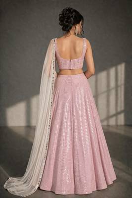 light pink sequin partywear lehenga choli with mirror work and square neck blouse 2