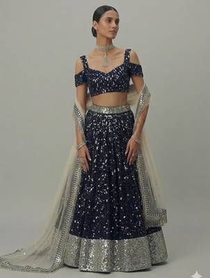 navy blue all-over sequin embroidered partywear lehenga with v-neck blouse 1
