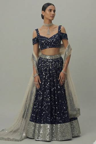 Navy Blue All-over Sequin Embroidered A-Line Lehenga with V-Neck Blouse