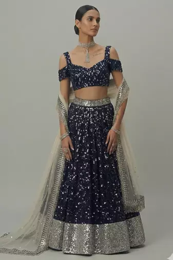 Navy Blue All-over Sequin Embroidered A-Line Lehenga with V-Neck Blouse