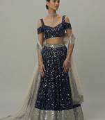 Navy Blue All-over Sequin Embroidered A-Line Lehenga with V-Neck Blouse