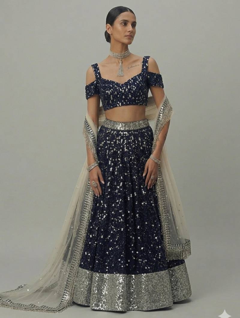Navy Blue All-over Sequin Embroidered A-Line Lehenga with V-Neck Blouse