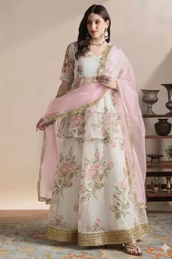 Off-White Floral Print and Zari Work A-Line Lehenga with V Neck Blouse