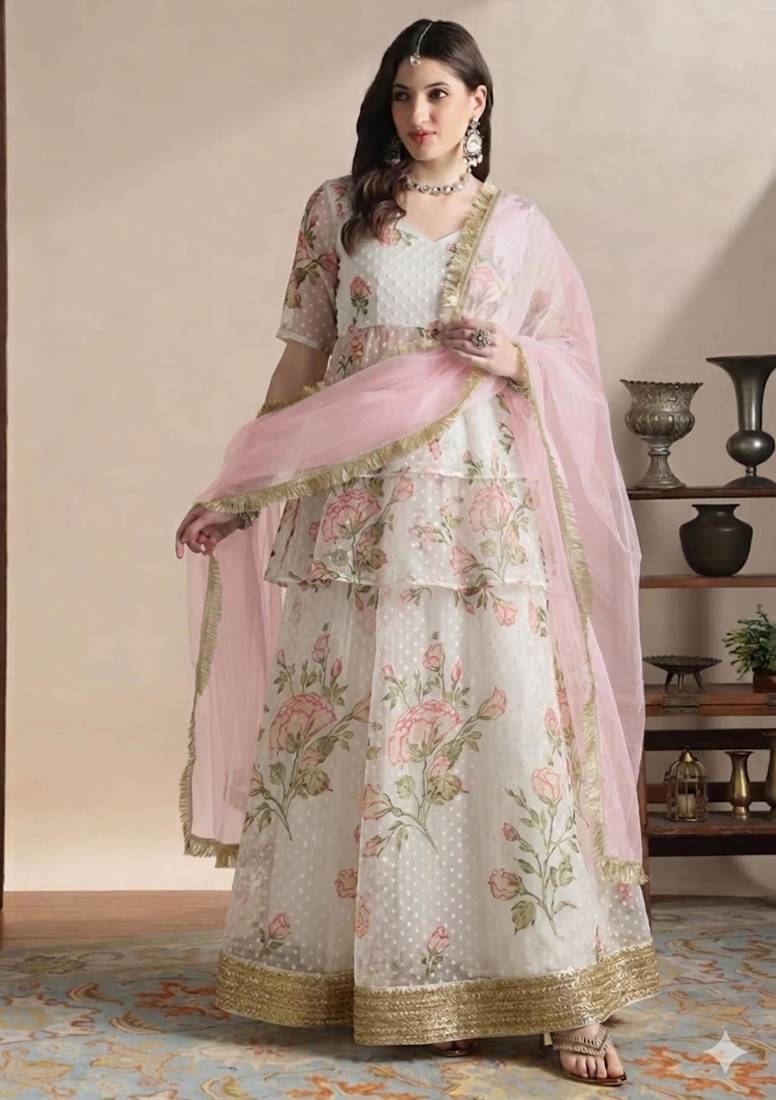 Off-White Floral Print and Zari Work A-Line Lehenga with V Neck Blouse