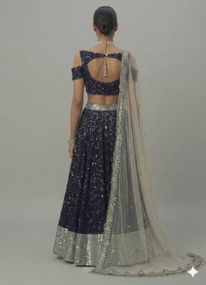 navy blue all-over sequin embroidered partywear lehenga with v-neck blouse 2