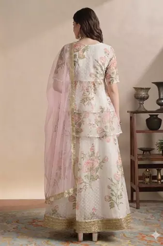 Off-White Floral Print and Zari Work A-Line Lehenga with V Neck Blouse