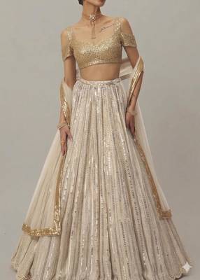 off-white sequin embroidered wedding lehenga with sweetheart neck blouse 1