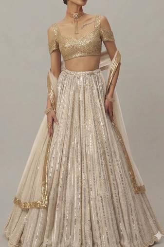 Off-White Sequin Embroidered A-Line Lehenga with Sweetheart Neck Blouse