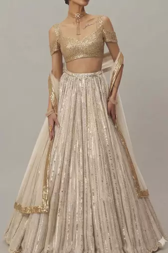 Off-White Sequin Embroidered A-Line Lehenga with Sweetheart Neck Blouse