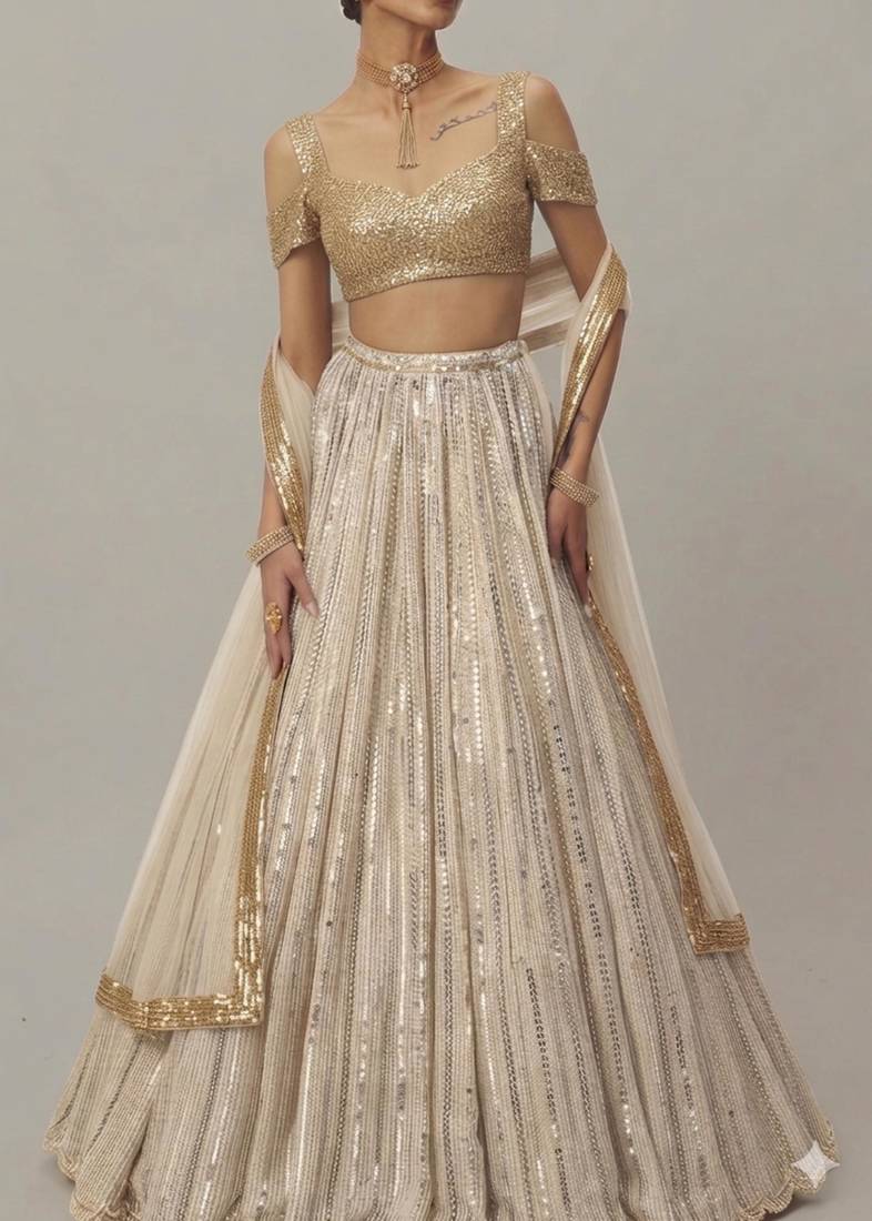 Off-White Sequin Embroidered A-Line Lehenga with Sweetheart Neck Blouse