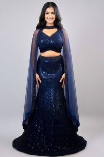 Navy Blue Vertical Sequin Mermaid Cut Lehenga with Cape Sleeve Halter Blouse