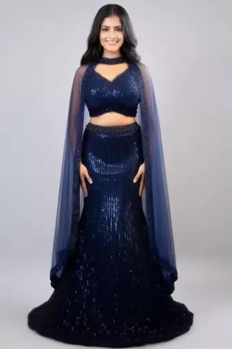 Navy Blue Vertical Sequin Mermaid Cut Lehenga with Cape Sleeve Halter Blouse