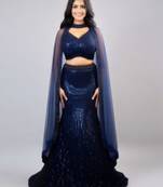 Navy Blue Vertical Sequin Mermaid Cut Lehenga with Cape Sleeve Halter Blouse