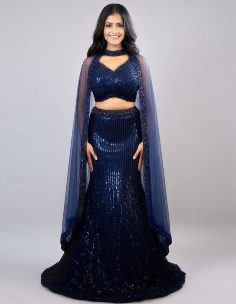 Navy Blue Vertical Sequin Mermaid Cut Lehenga with Cape Sleeve Halter Blouse