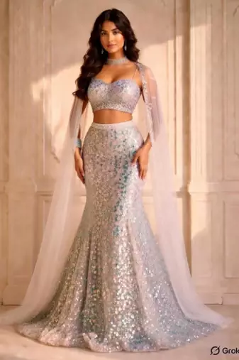 White Heavy Sequin Mermaid Cut Lehenga with Sweetheart Neck Blouse