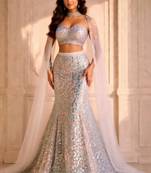 White Heavy Sequin Mermaid Cut Lehenga with Sweetheart Neck Blouse