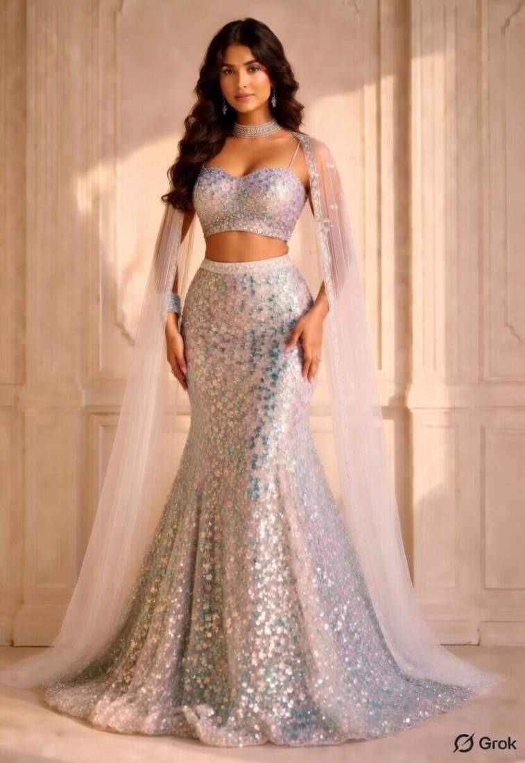 White Heavy Sequin Mermaid Cut Lehenga with Sweetheart Neck Blouse