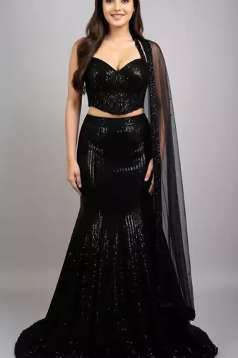 Black Dense Vertical Sequin Mermaid Cut Lehenga Choli Set