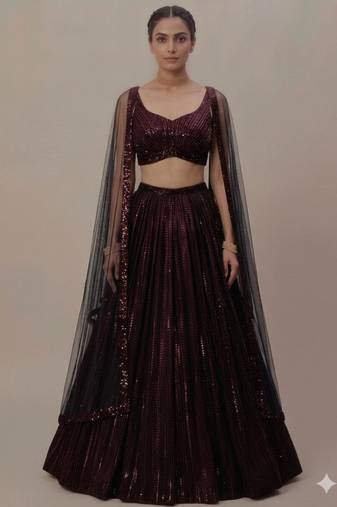 Maroon and Black Vertical Sequin Embroidered A-Line Lehenga with Cape Sleeve Blouse