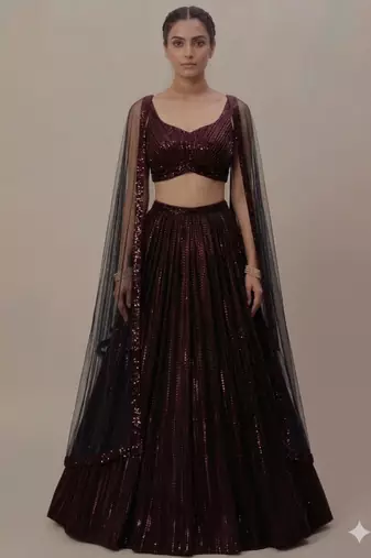 Maroon and Black Vertical Sequin Embroidered A-Line Lehenga with Cape Sleeve Blouse