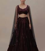 Maroon and Black Vertical Sequin Embroidered A-Line Lehenga with Cape Sleeve Blouse