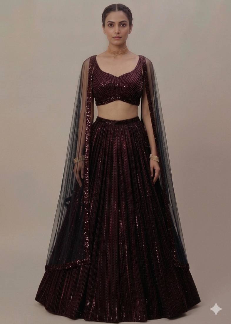 Maroon and Black Vertical Sequin Embroidered A-Line Lehenga with Cape Sleeve Blouse