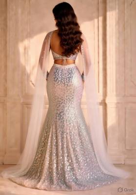 white heavy sequin mermaid cut wedding lehenga with sweetheart neck blouse 2
