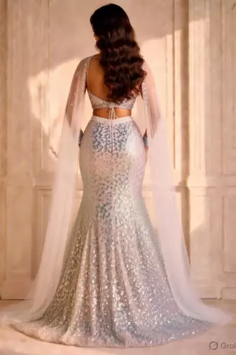 White Heavy Sequin Mermaid Cut Lehenga with Sweetheart Neck Blouse
