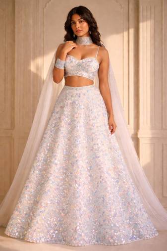 Ethereal White Sequin Floral Embroidered A-Line Lehenga Choli Set
