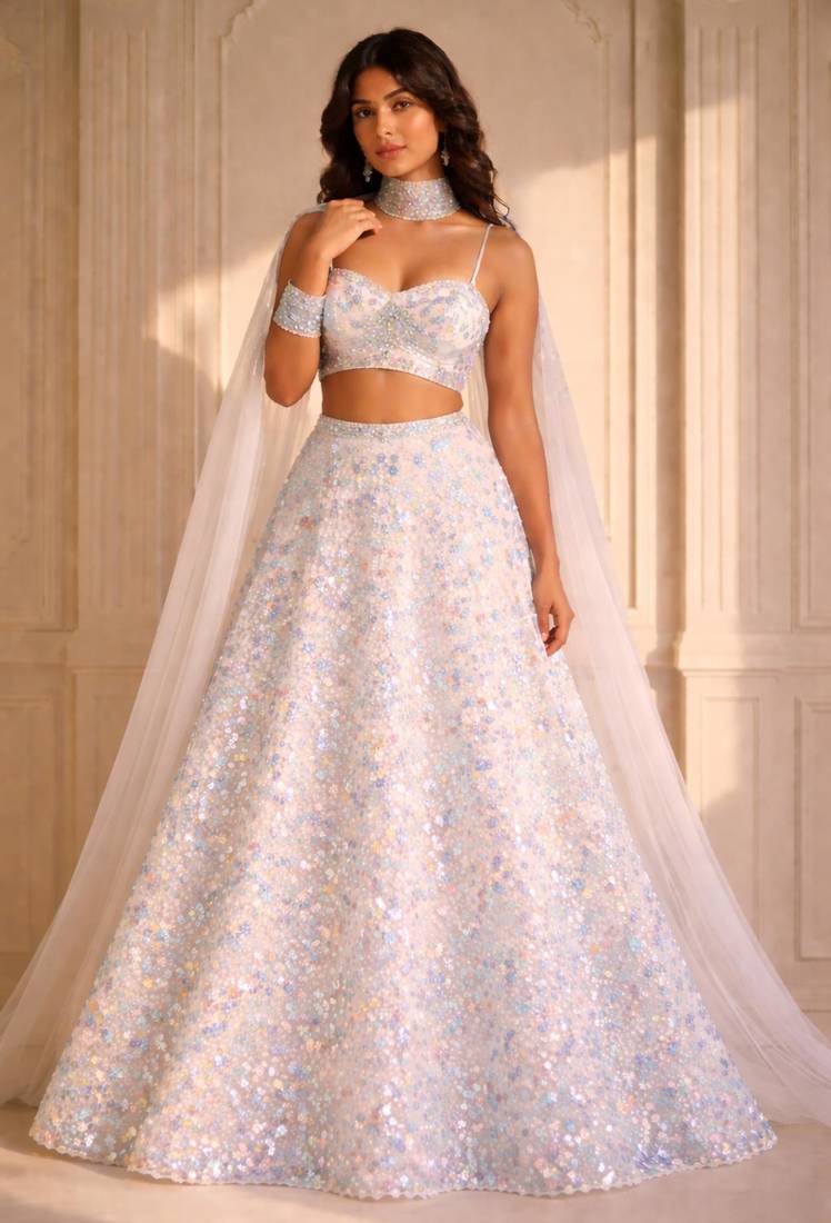 Ethereal White Sequin Floral Embroidered A-Line Lehenga Choli Set