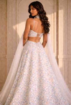 ethereal white floral sequin embroidered wedding lehenga choli set 2