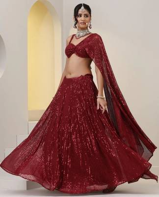 dark red all-over sequin partywear lehenga with sweetheart neck blouse 1