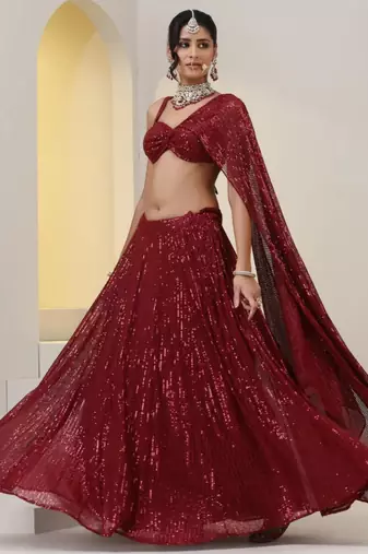 Dark Red All-over Sequin Circular Lehenga with Sweetheart Neck Blouse