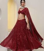 Dark Red All-over Sequin Circular Lehenga with Sweetheart Neck Blouse