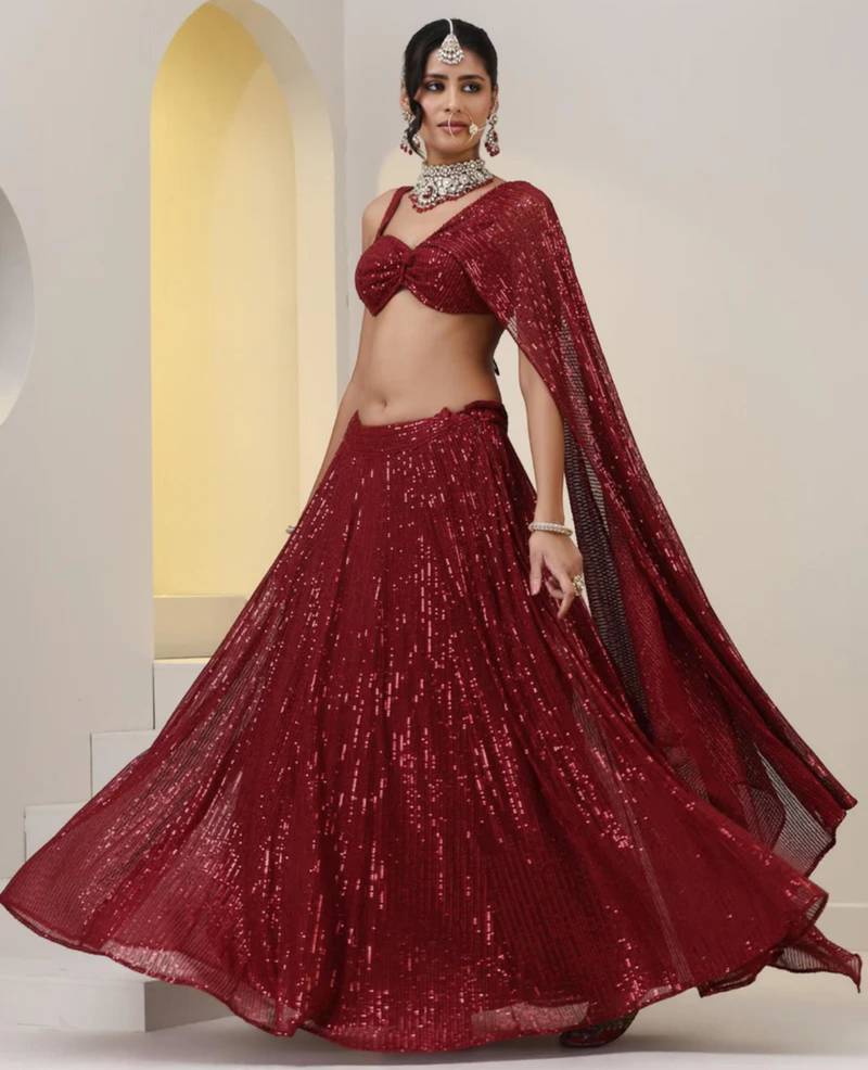 Dark Red All-over Sequin Circular Lehenga with Sweetheart Neck Blouse