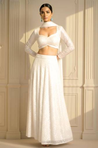 Pearl White All-over Sequin Work Straight Cut Lehenga with Full Sleeve Blouse