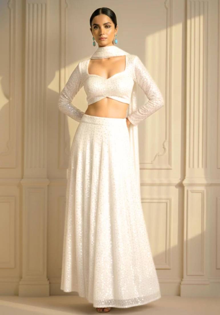 Pearl White All-over Sequin Work Straight Cut Lehenga with Full Sleeve Blouse