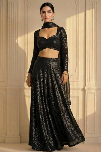 Black All-over Sequin Work Straight Cut Lehenga with Full Sleeve Blouse