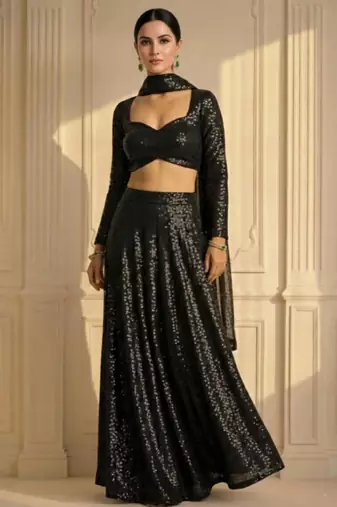 Black All-over Sequin Work Straight Cut Lehenga with Full Sleeve Blouse