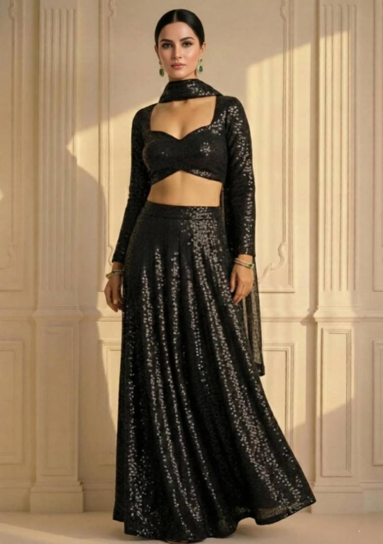 Black All-over Sequin Work Straight Cut Lehenga with Full Sleeve Blouse