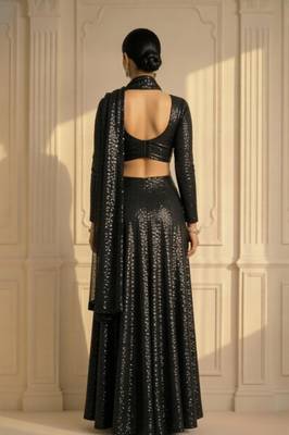 black all-over sequin work partywear lehenga with full sleeve blouse 2