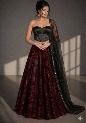 red and black heavy sequin embroidered corset style partywear lehenga 1